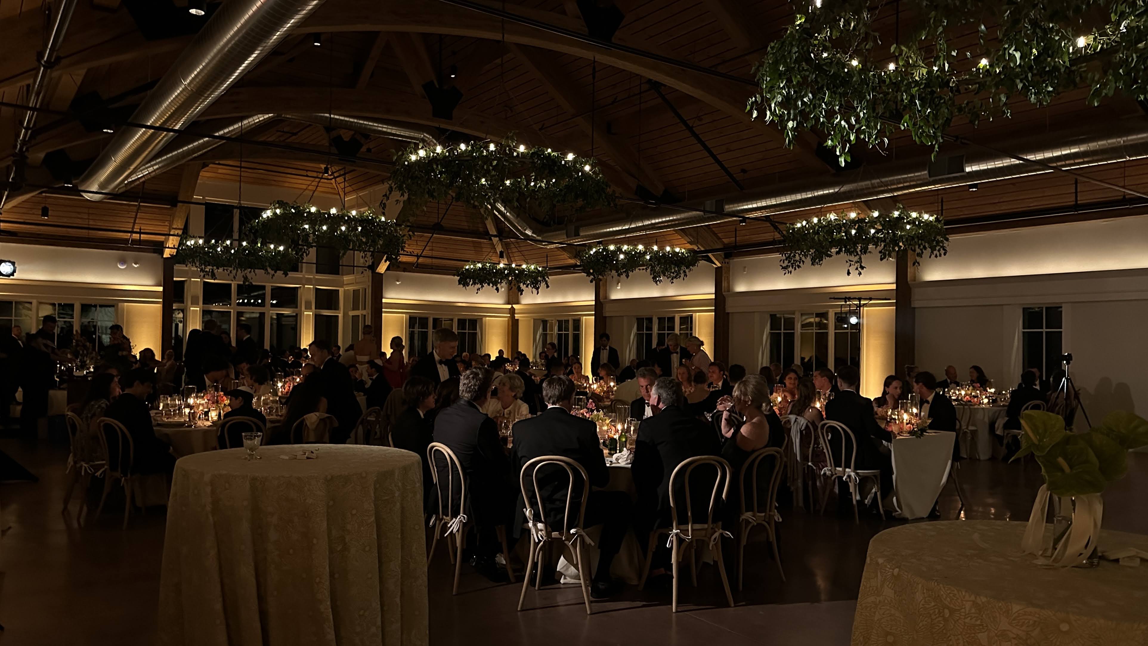 Reception and dance floor at Hildene with intelligent lighting and live band sound.