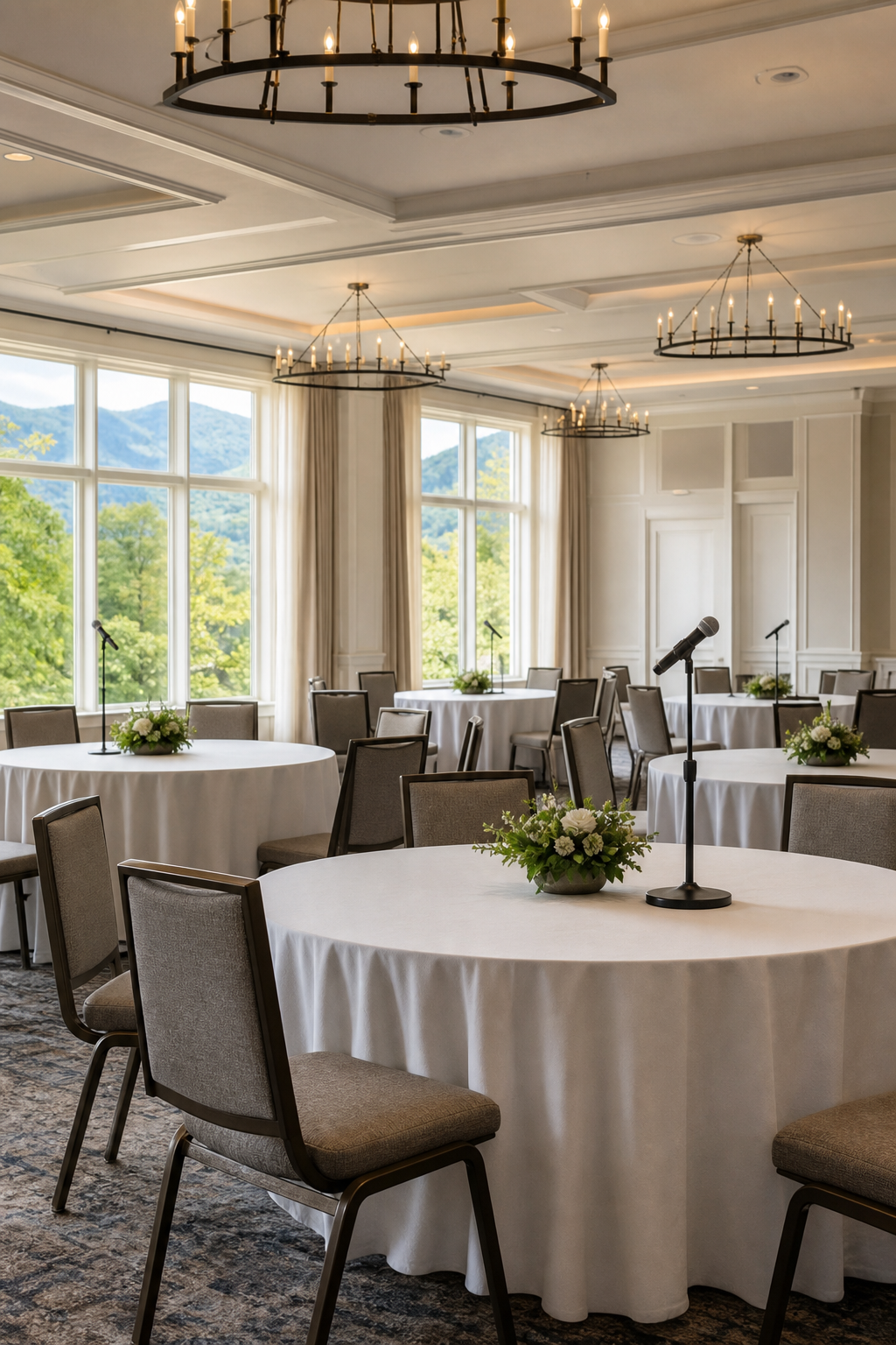 Ballroom set for breakout sessions with tables and mics.