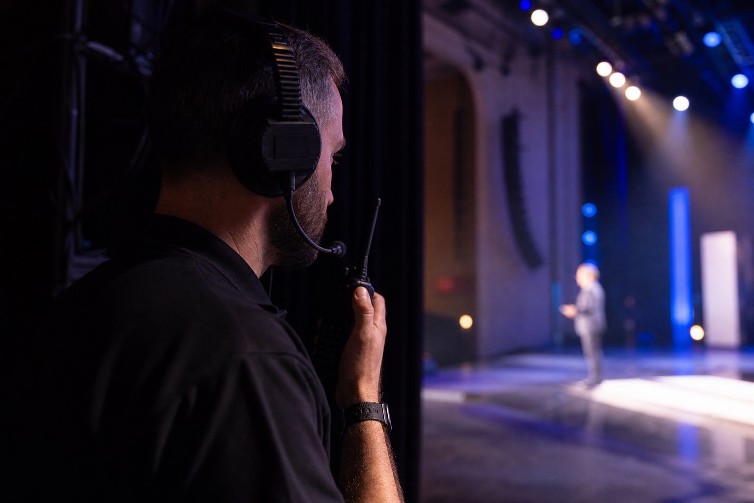 Crew member cueing from the side of the stage.
