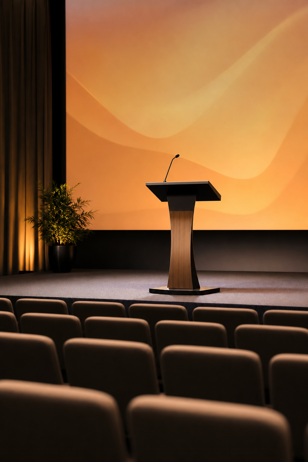 Presentation stage with a clean lectern and soft light.