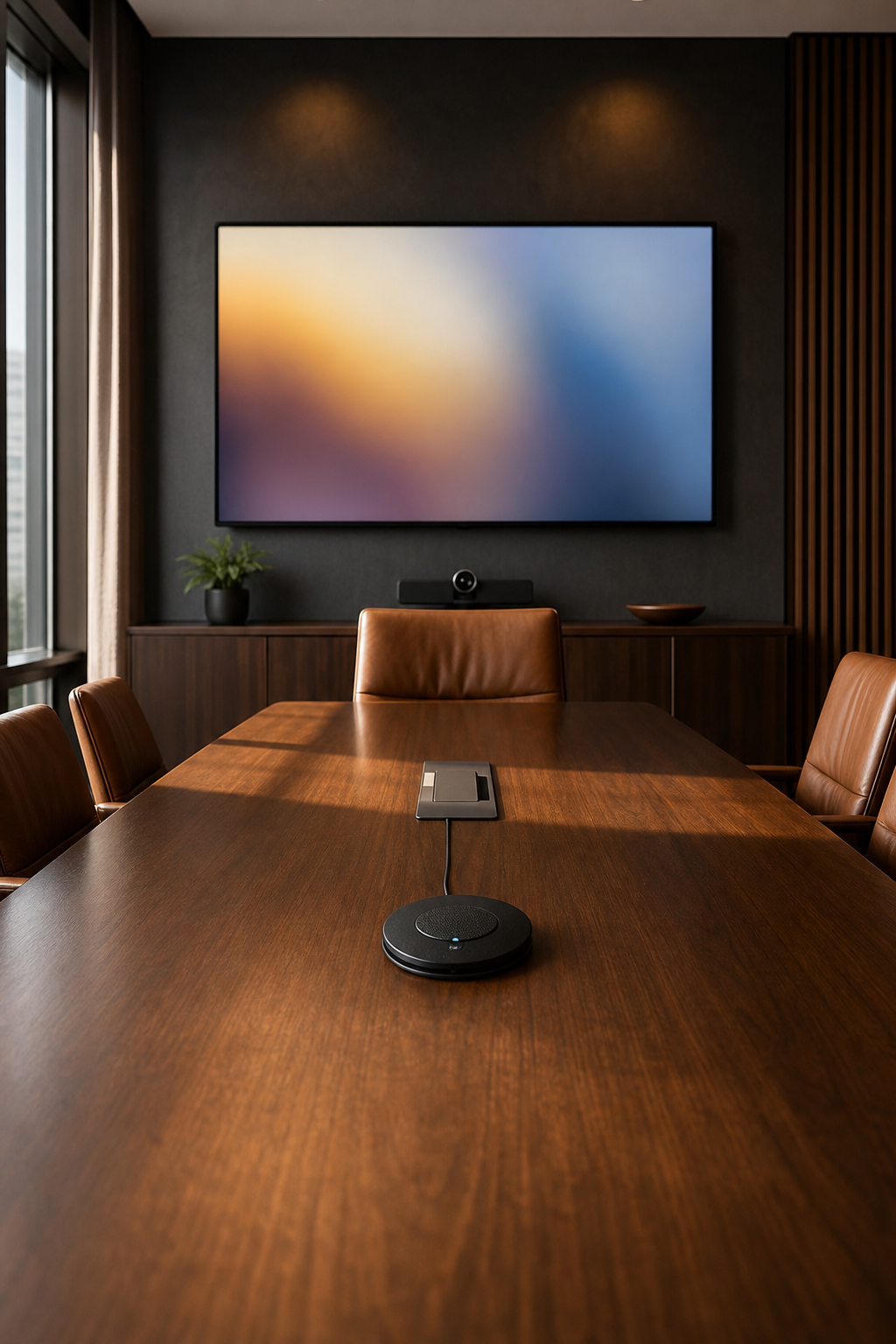 Small boardroom with a conference microphone and display.