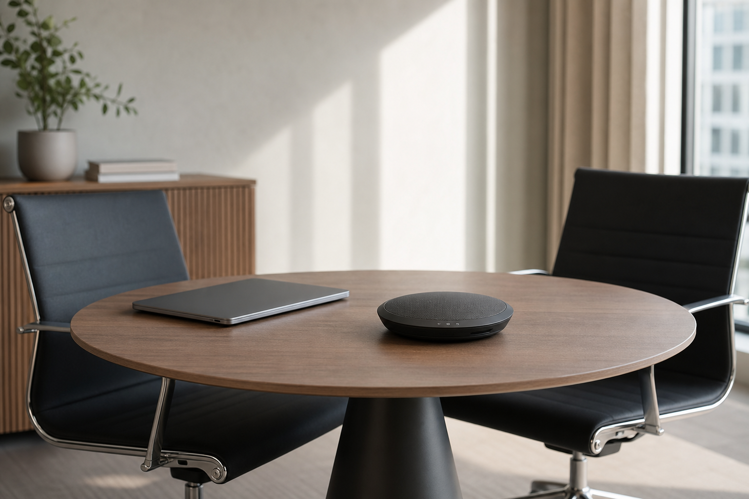 Hybrid meeting table with speakerphone and laptop.