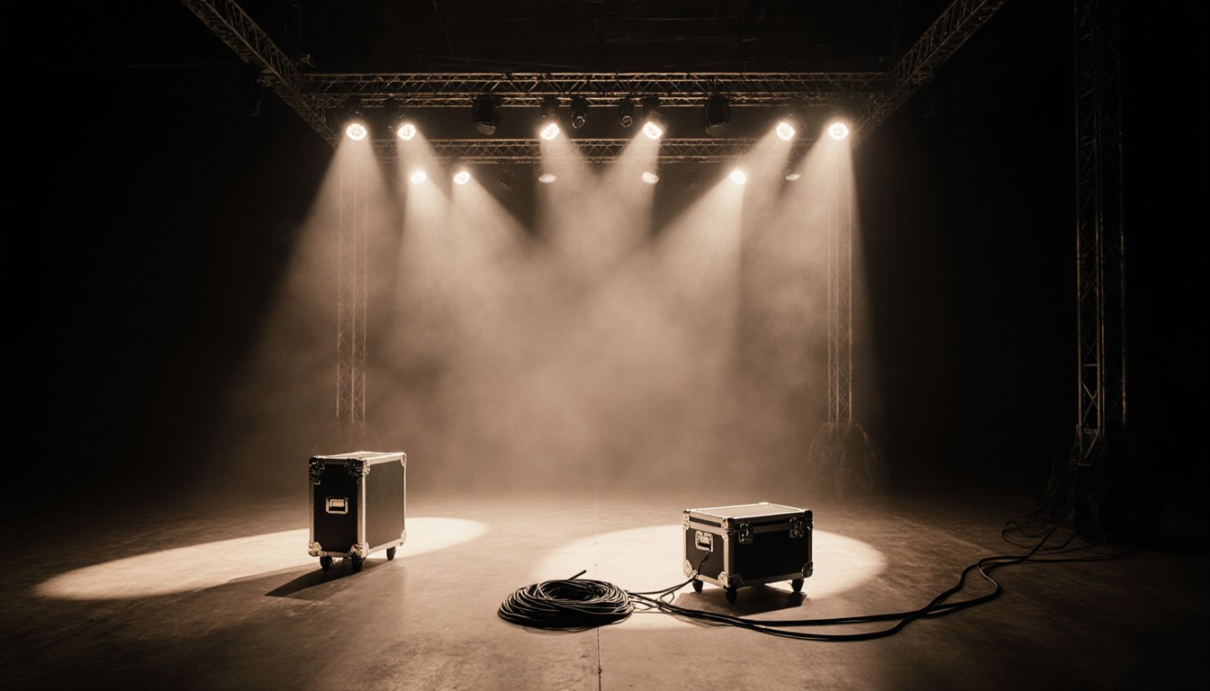 A powerful, cinematic photo of an empty event space during setup.